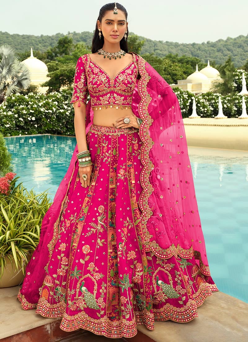 Rani Pink Silk Embroidered Sequins Mirror Work Cut Work Stones Thread Umbrella Lehenga Wedding Wear