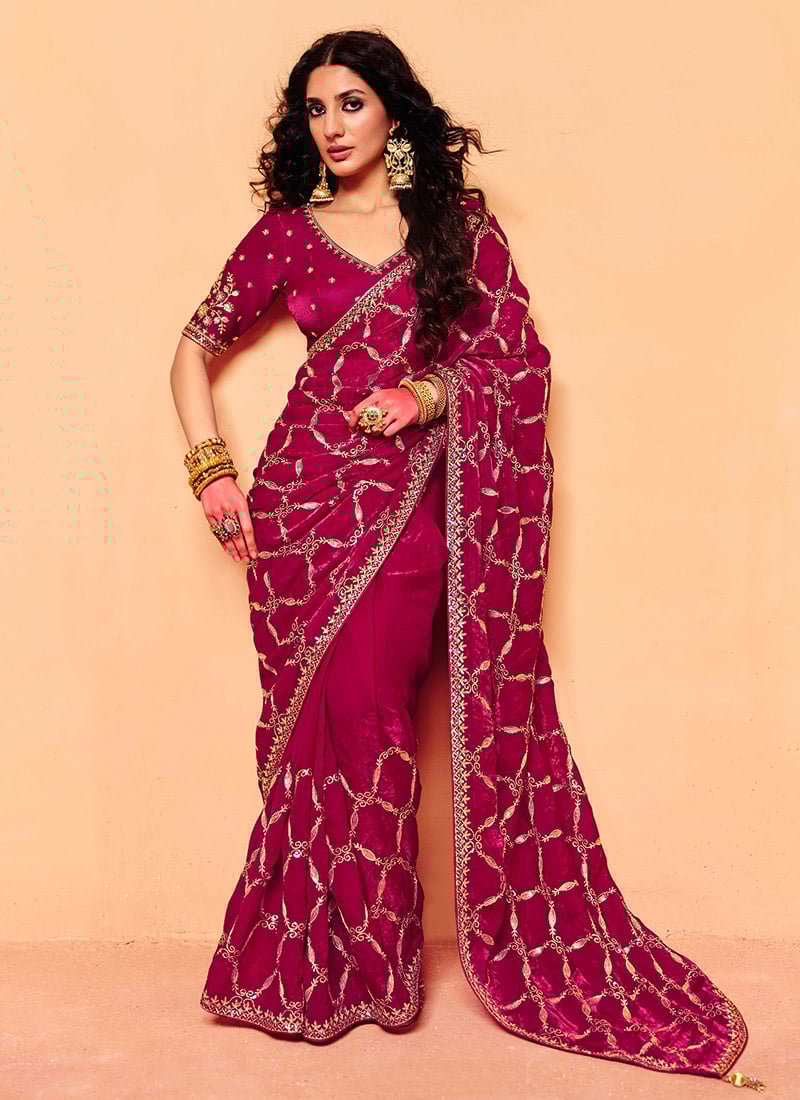 Rani Pink Silk Embroidered Sequins Saree Festive Wear