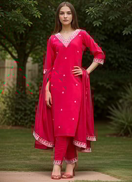 Rani Pink Silk Embroidered Sequins Straight Pant Suit