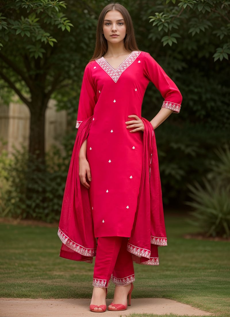 Rani Pink Silk Embroidered Sequins Straight Pant Suit