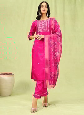 Rani Pink Silk Embroidered Sequins Straight Pant Suit With Digital Print Dupatta