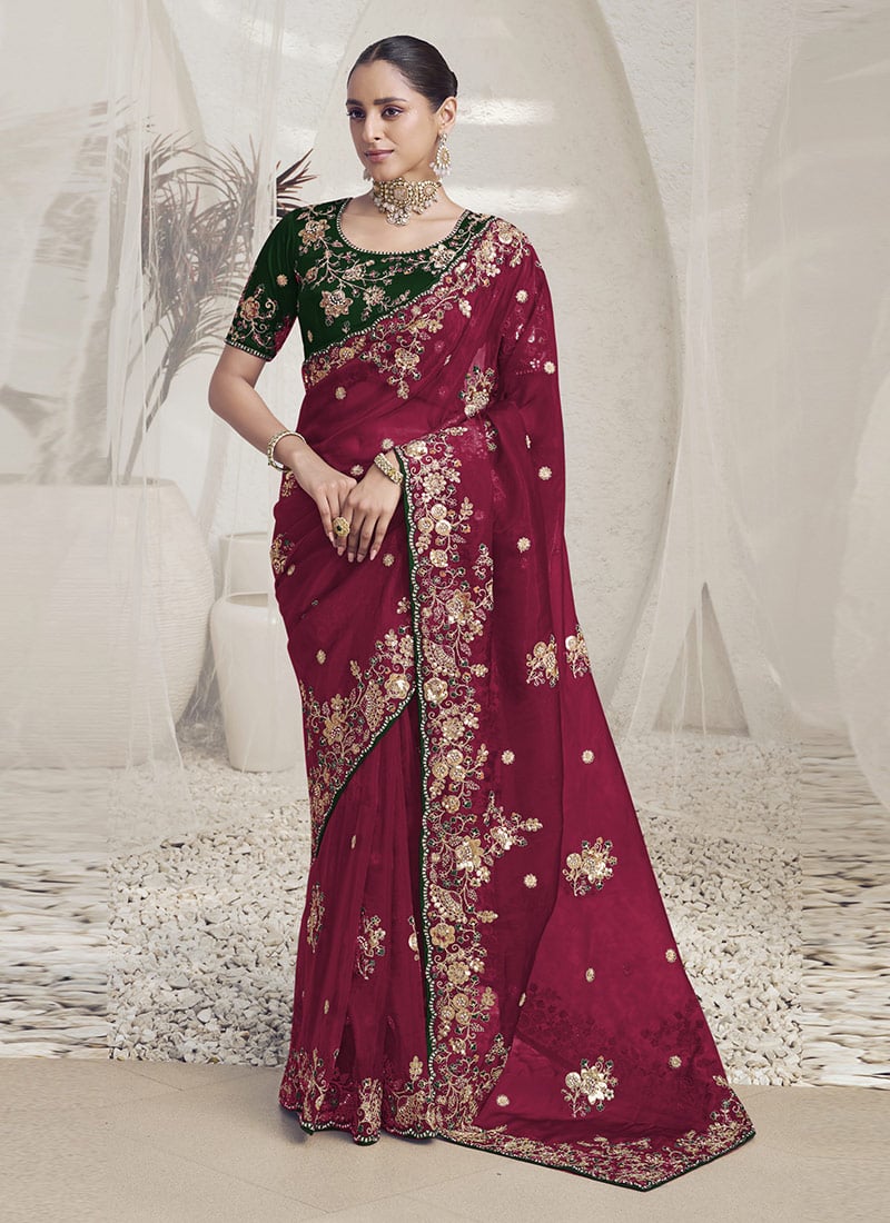 Rani Pink Silk Embroidered Stones And Sequins Saree Wedding Wear