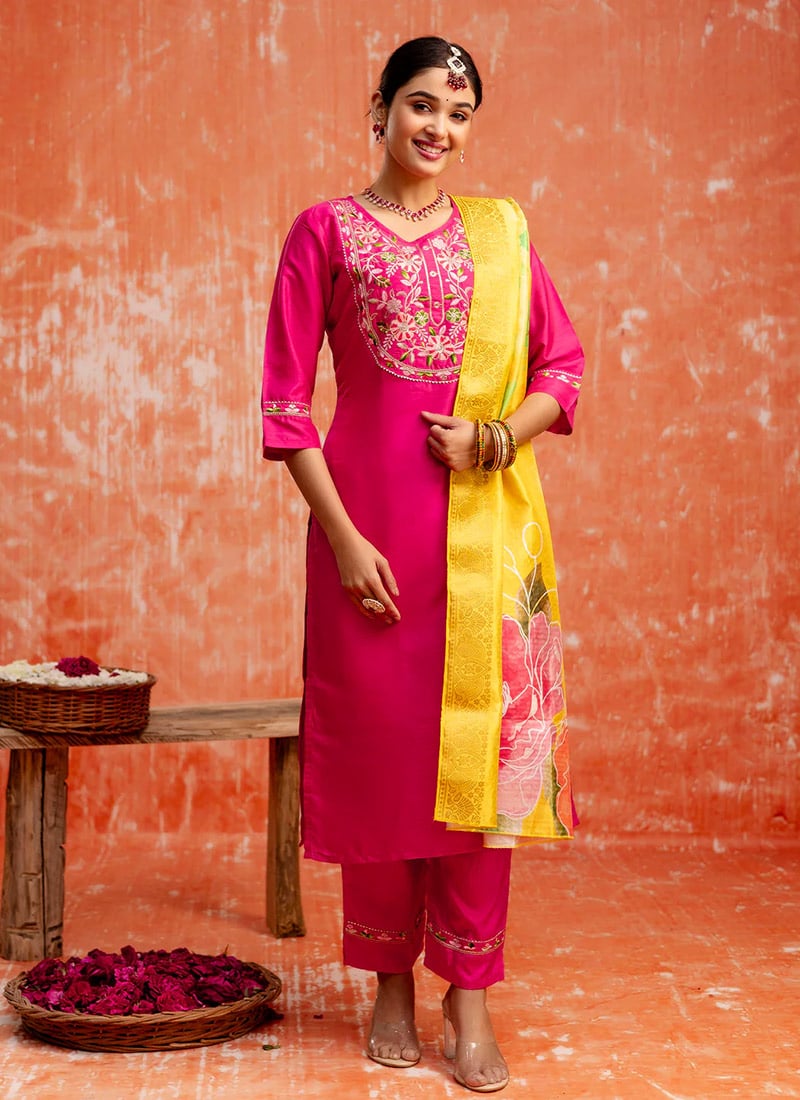 Rani Pink Silk Embroidered Straight Pant Suit Festive Wear