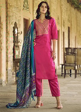 Rani Pink Silk Embroidered Straight Pant Suit With Printed Dupatta