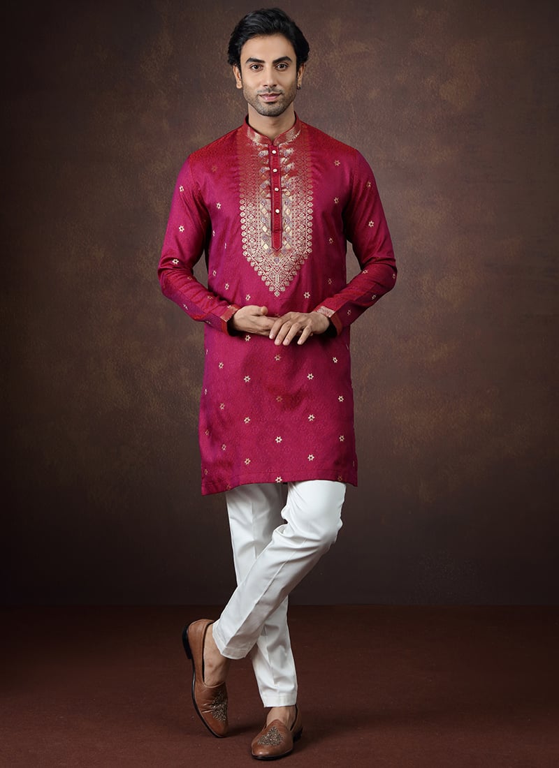 Rani Pink Silk Embroidered Zari Kurta Pyjama Festive Wear