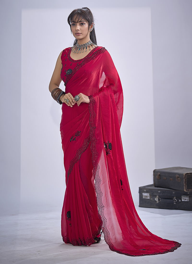 Rani Pink Silk Hand Embroidered Cutdana Sequins Saree After Six Wear