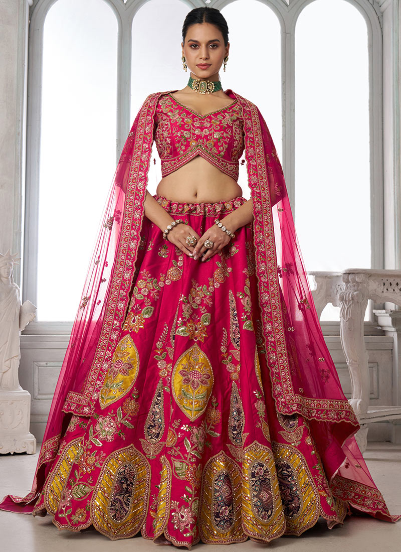 Rani Pink Silk Heritage Embroidered Bridal Lehenga Wedding Wear