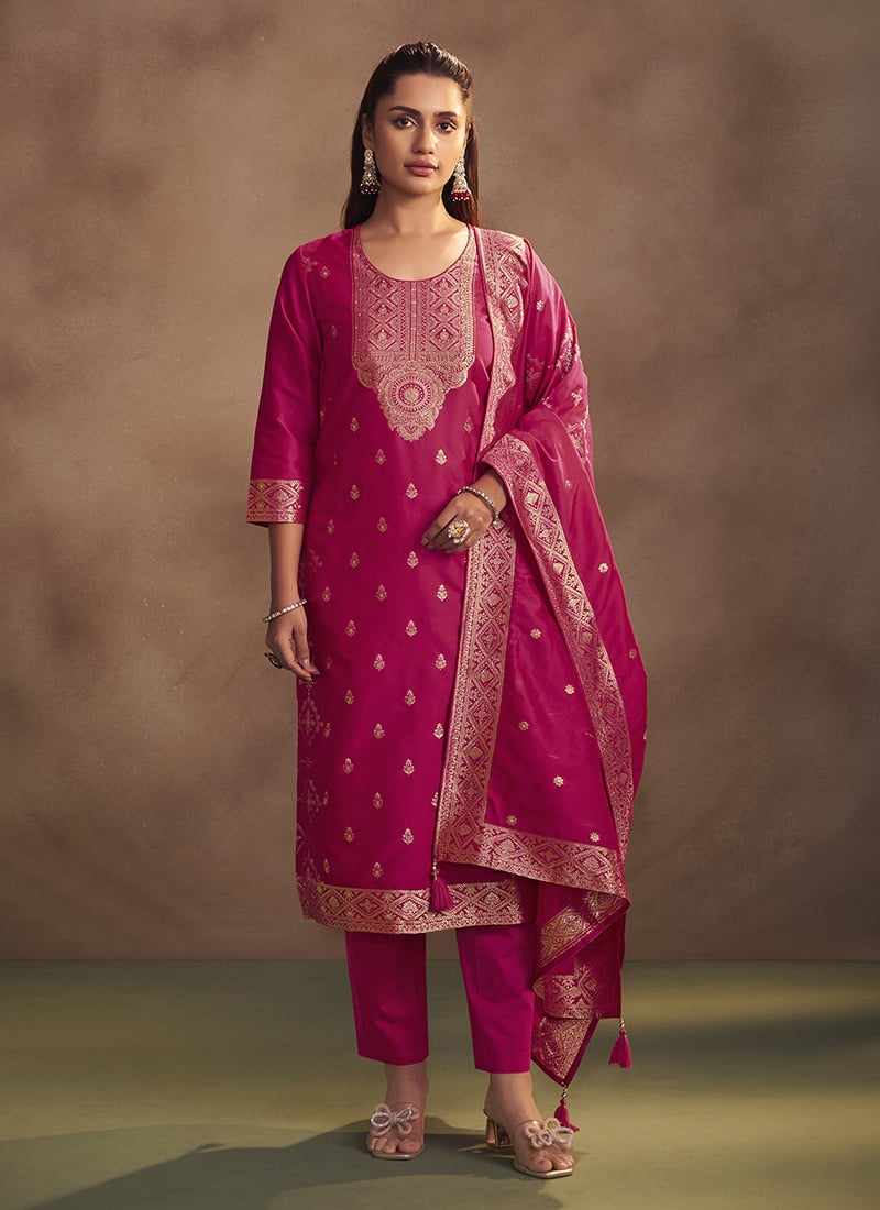 Rani Pink Silk Jacquard Straight Pant Suit Festive Wear