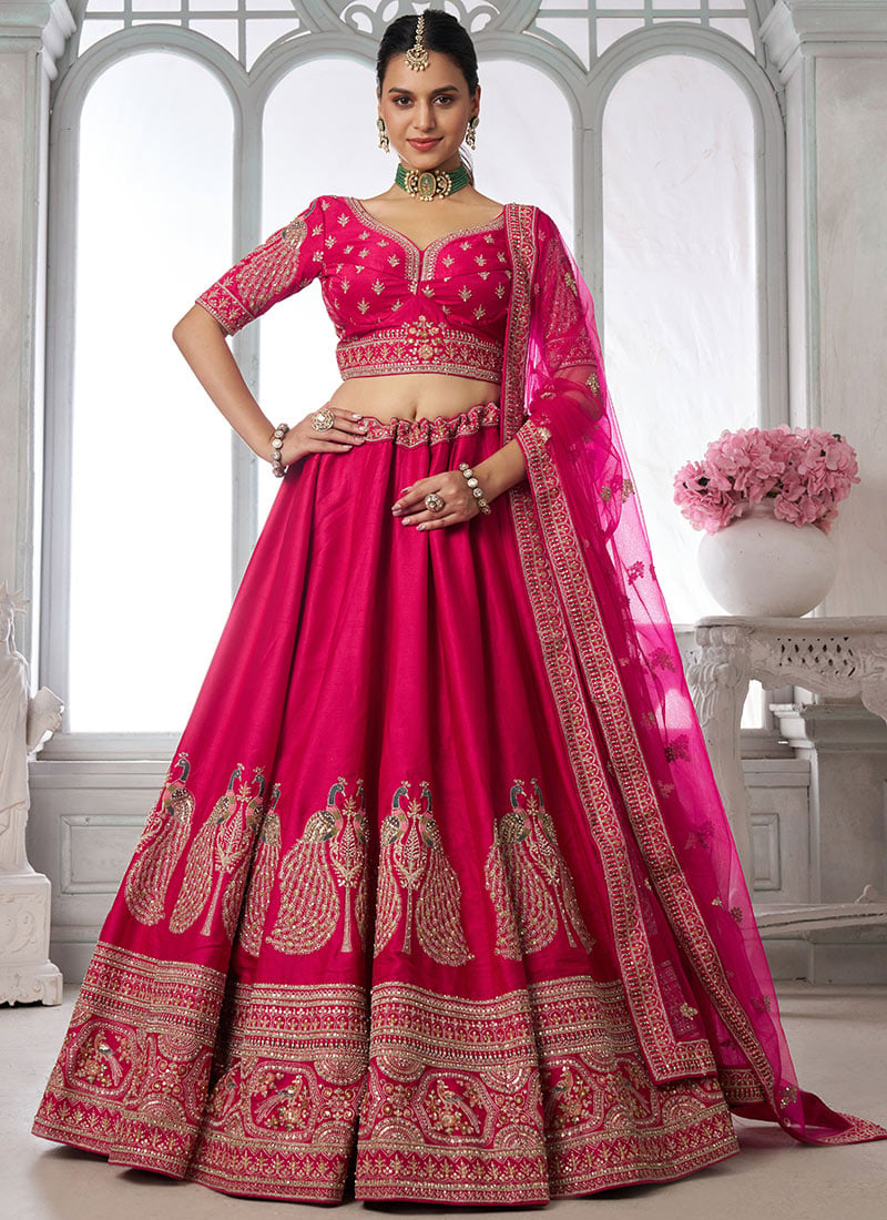 Rani Pink Silk Peacock Inspired Embroidered Lehenga Wedding Wear