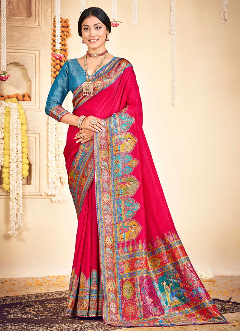 Rani Pink Silk Position Print Work Saree Festive Wear