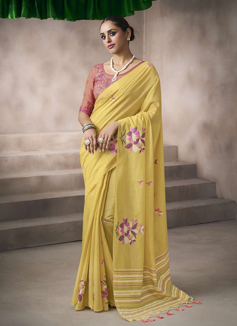Rani Pink Silk Printed Embroidered Saree Festive Wear