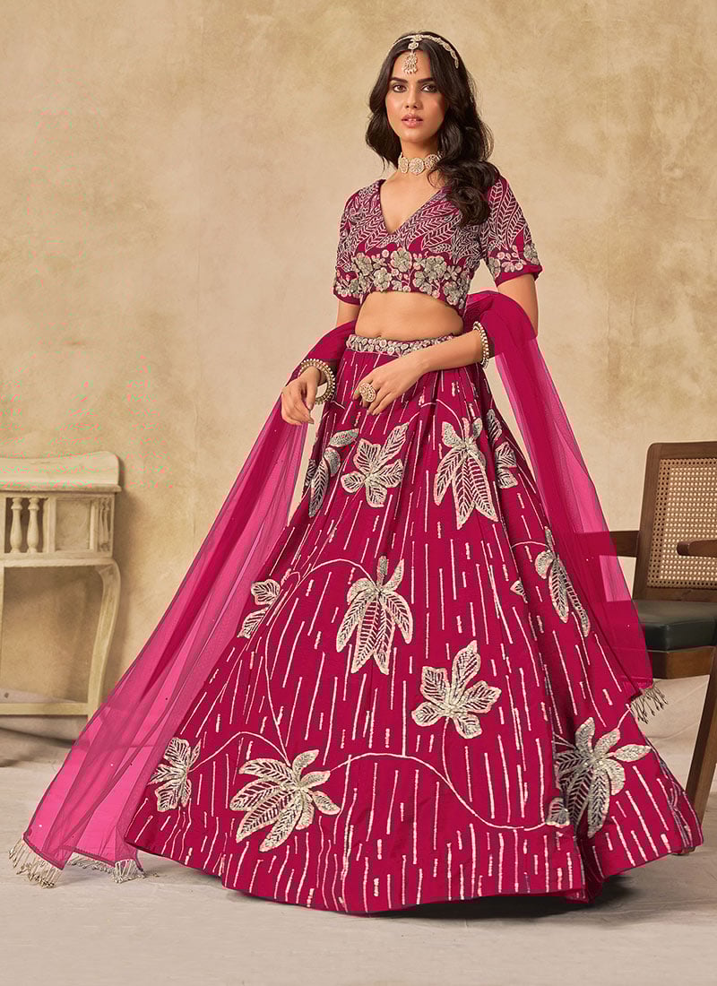 Rani Pink Silk Sequins Umbrella Lehenga Wedding Wear