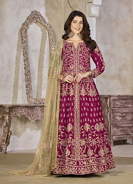 Rani Pink Silk Stones Beads Embroidered Anarkali Lehenga