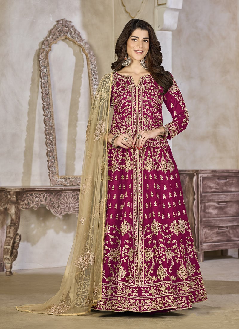 Rani Pink Silk Stones Beads Embroidered Anarkali Lehenga Festive Wear