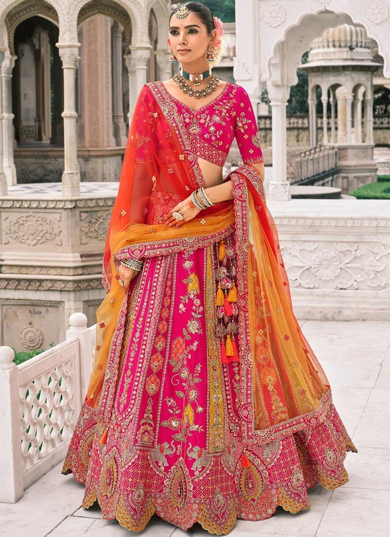Rani Pink Silk Thread Embroidered And Cut Work Umbrella Lehenga Wedding Wear
