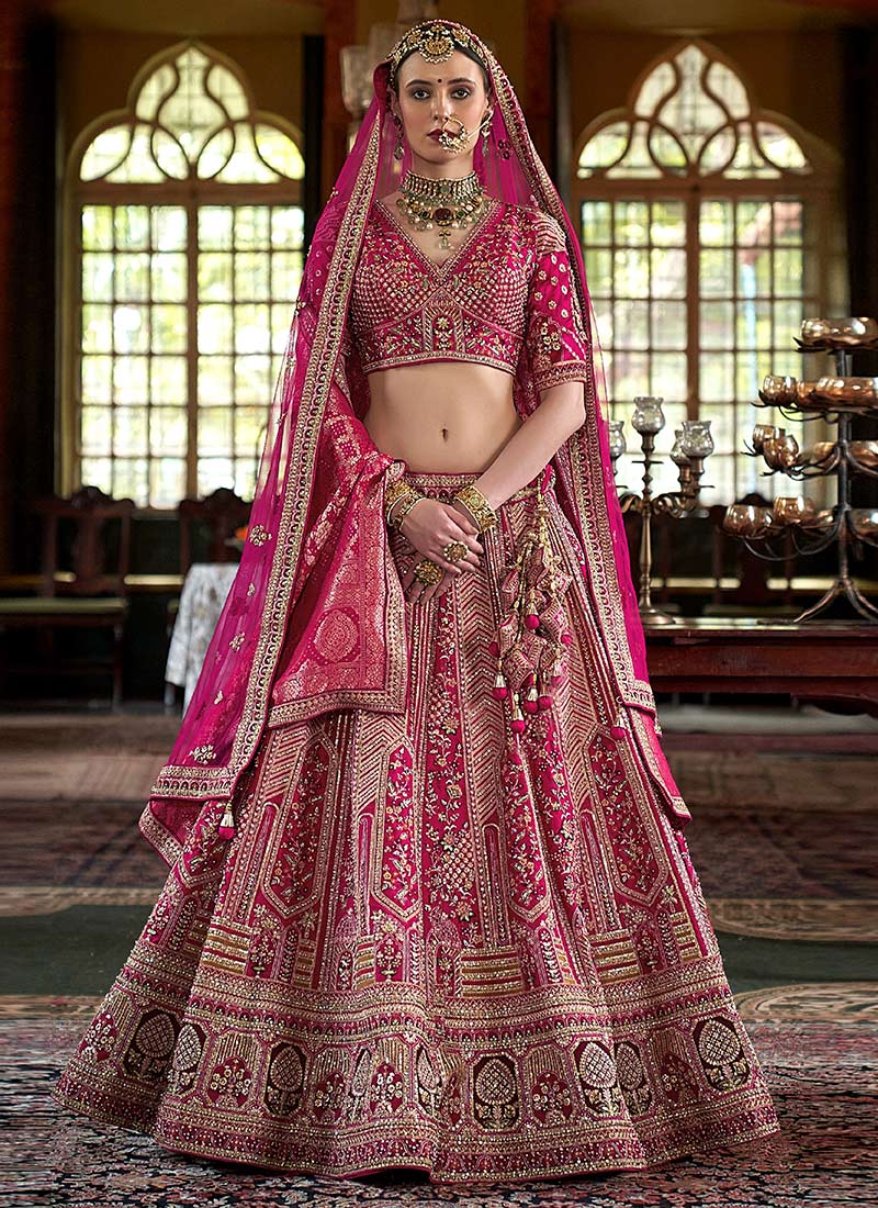 Rani Pink Silk Zari And Embroidered Sequins Umbrella Lehenga Wedding Wear