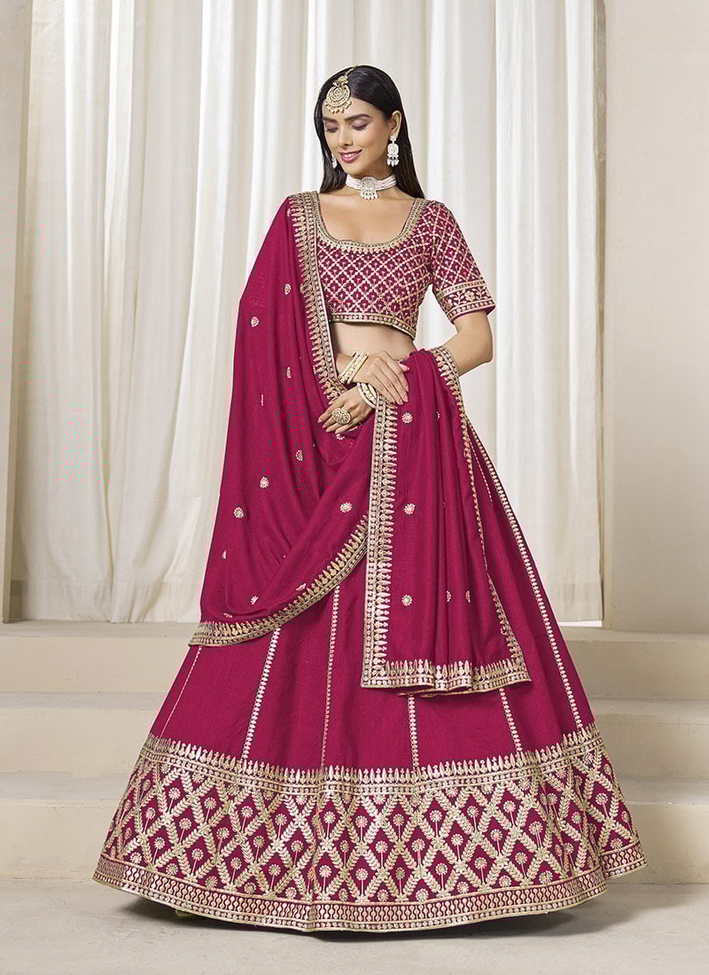 Rani Pink Silk Zari Embroidered Gota Lehenga Wedding Wear
