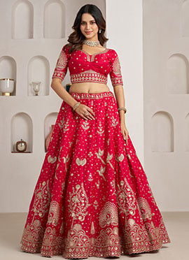 Rani Pink Silk Zari Embroidered Lehenga
