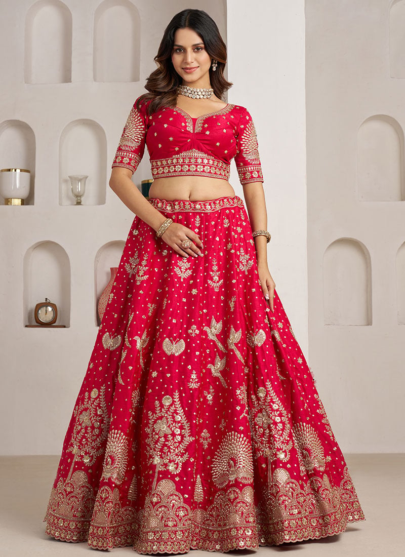 Rani Pink Silk Zari Embroidered Lehenga Wedding Wear