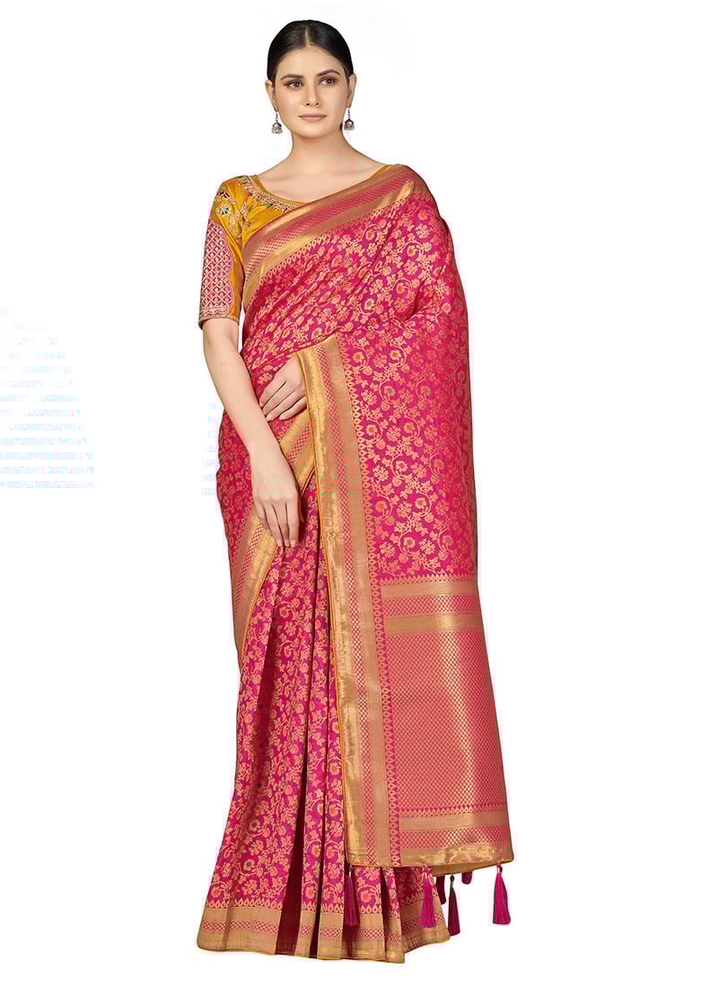 Rani Pink Silk Zari Embroidered Saree Festive Wear