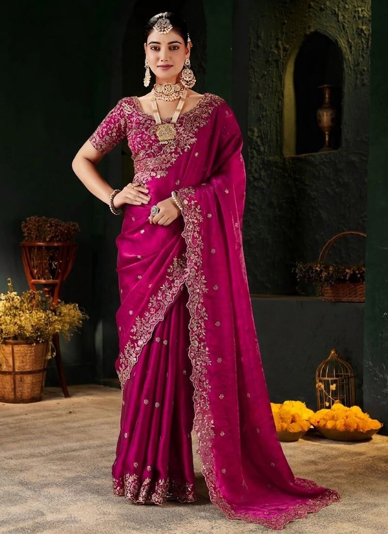Rani Pink Silk Zari Embroidered Saree After Six Wear