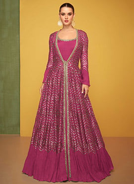 Rani Pink Silk Zari Embroidered Sequins Anarkali Gown With Jacket