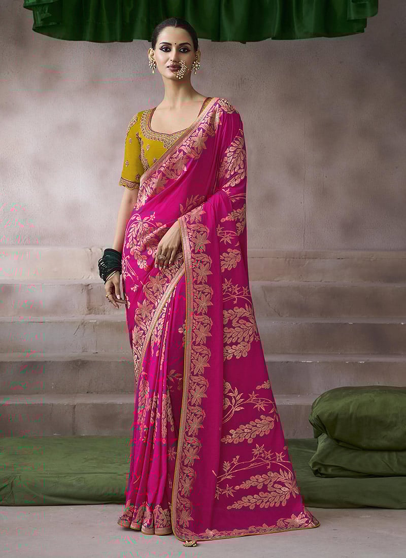 Rani Pink Silk Zari Embroidered Sequins Jacquard Saree Festive Wear