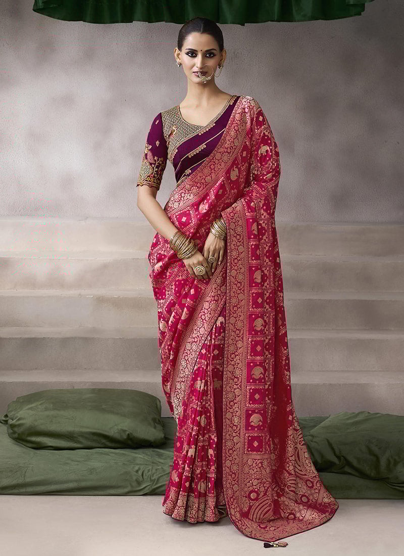 Rani Pink Silk Zari Embroidered Sequins Jacquard Saree Festive Wear