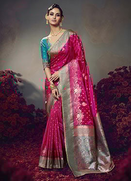 Rani Pink Silk Zari Embroidered Sequins Jacquard Saree