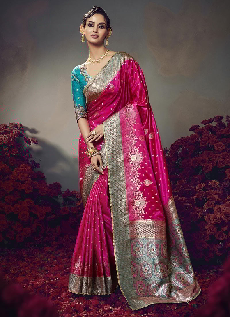 Rani Pink Silk Zari Embroidered Sequins Jacquard Saree Festive Wear