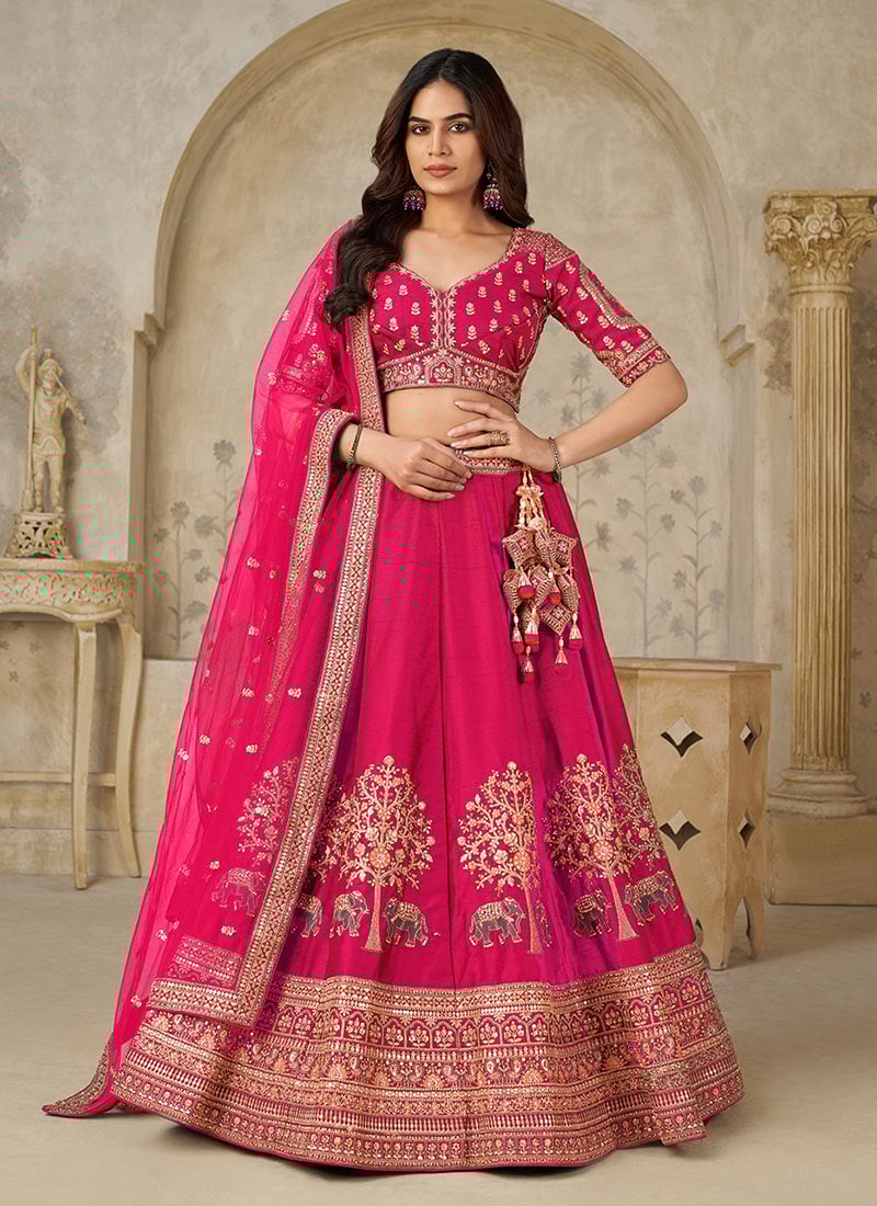 Rani Pink Silk Zari Embroidered Sequins Lehenga Choli  Wedding Wear