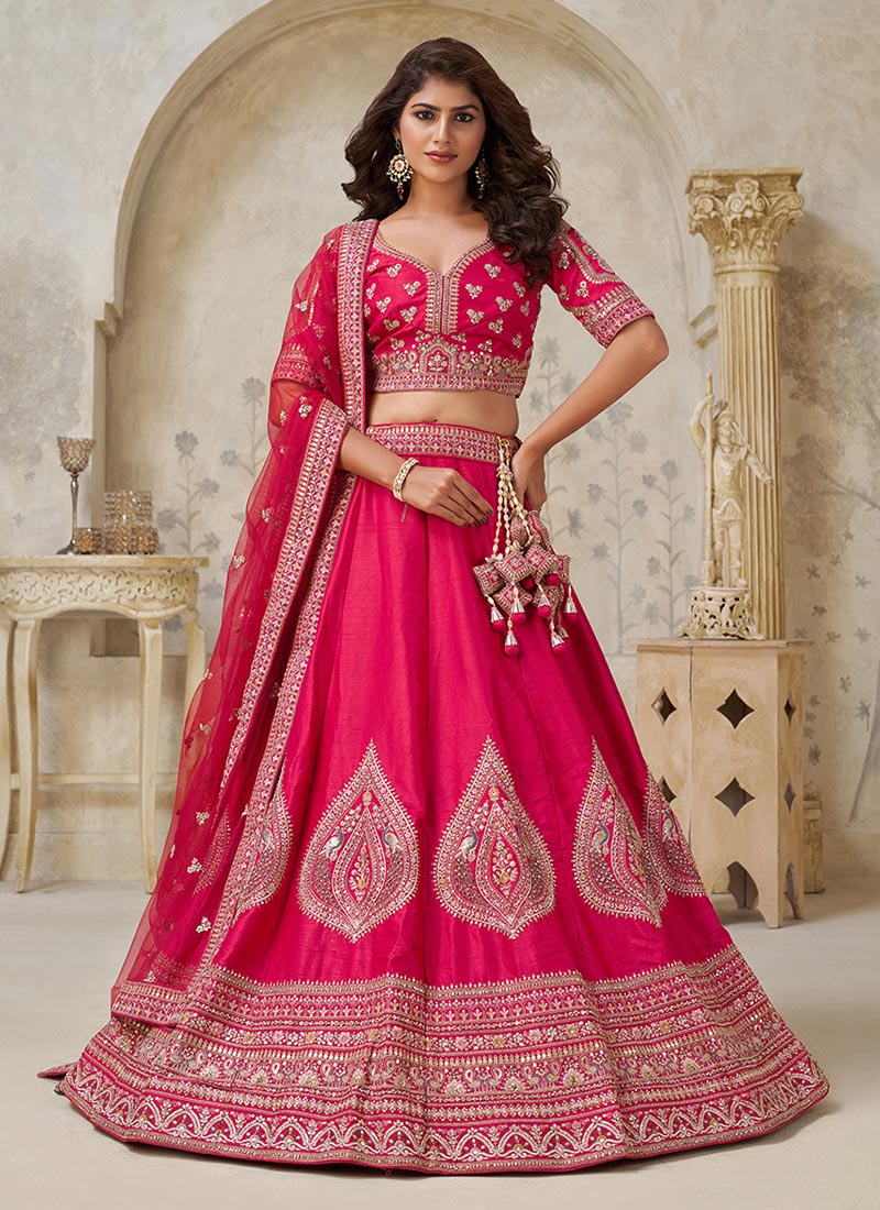 Rani Pink Silk Zari Embroidered Sequins Lehenga Choli