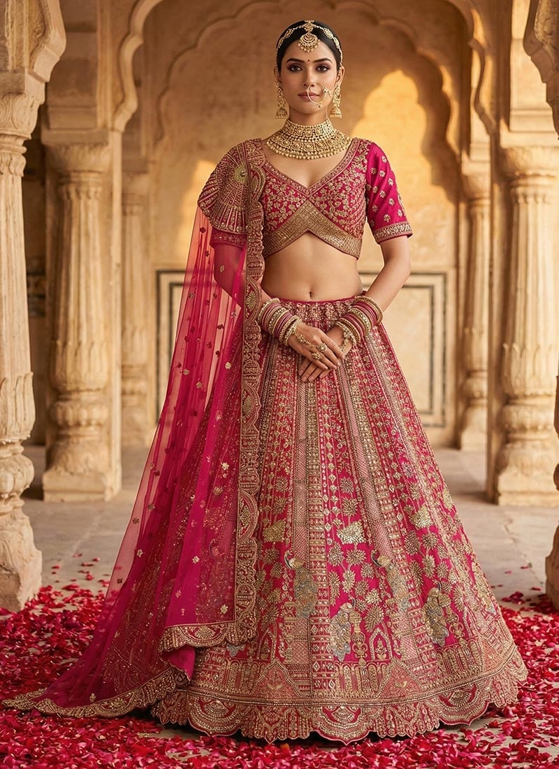 Rani Pink Silk Zari Embroidered Sequins Lehenga Wedding Wear
