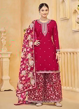 Rani Pink Silk Zari Embroidered Sequins Palazzo Suit With Digital Print Dupatta