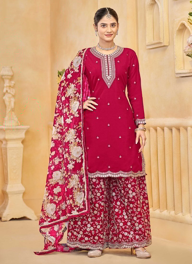 Rani Pink Silk Zari Embroidered Sequins Palazzo Suit With Digital Print Dupatta Festive Wear