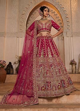 Rani Pink Silk Zari Embroidered Sequins Stones Elegant Lehenga