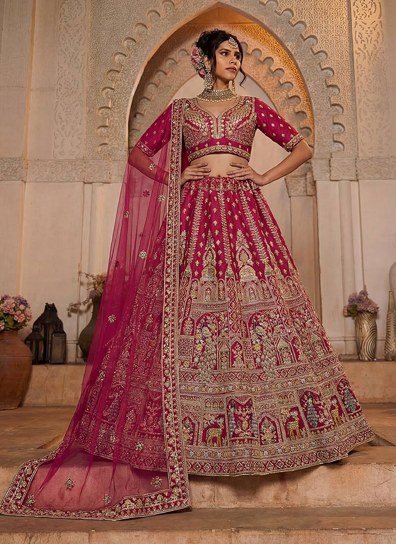 Rani Pink Silk Zari Embroidered Sequins Stones Elegant Lehenga Wedding Wear