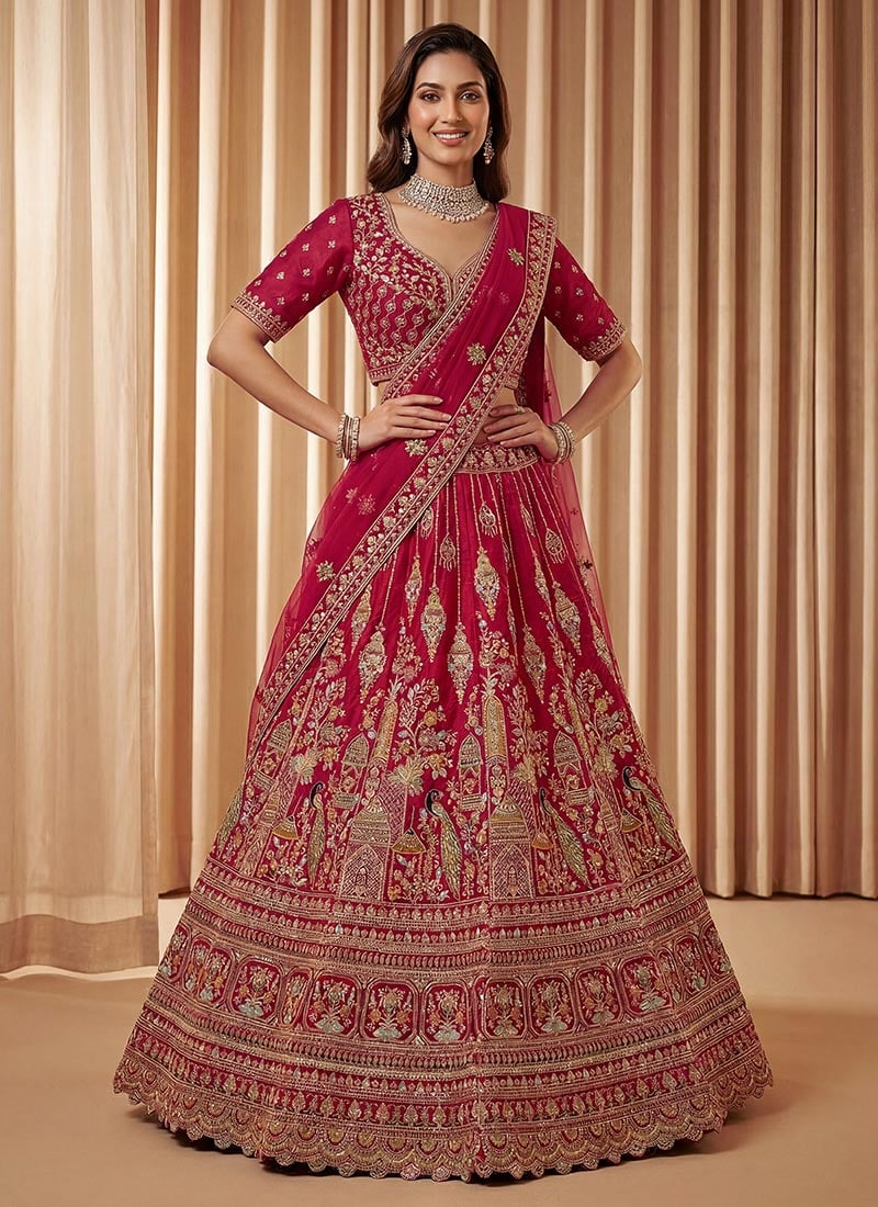 Rani Pink Silk Zari Embroidered Sequins Stones Lehenga Wedding Wear