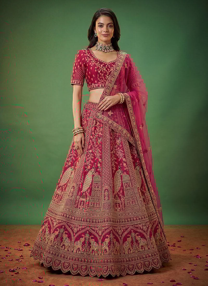 Rani Pink Silk Zari Embroidered Sequins Stones Lehenga Wedding Wear