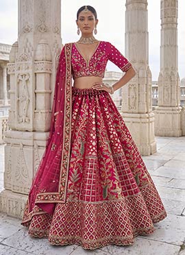 Rani Pink Silk Zari Embroidered Sequins Stones Work Lehenga