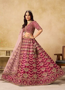 Rani Pink Silk Zari Embroidered Sequins Umbrella Lehenga