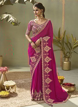 Rani Pink Silk Zari Gota Embroidered Sequins Saree