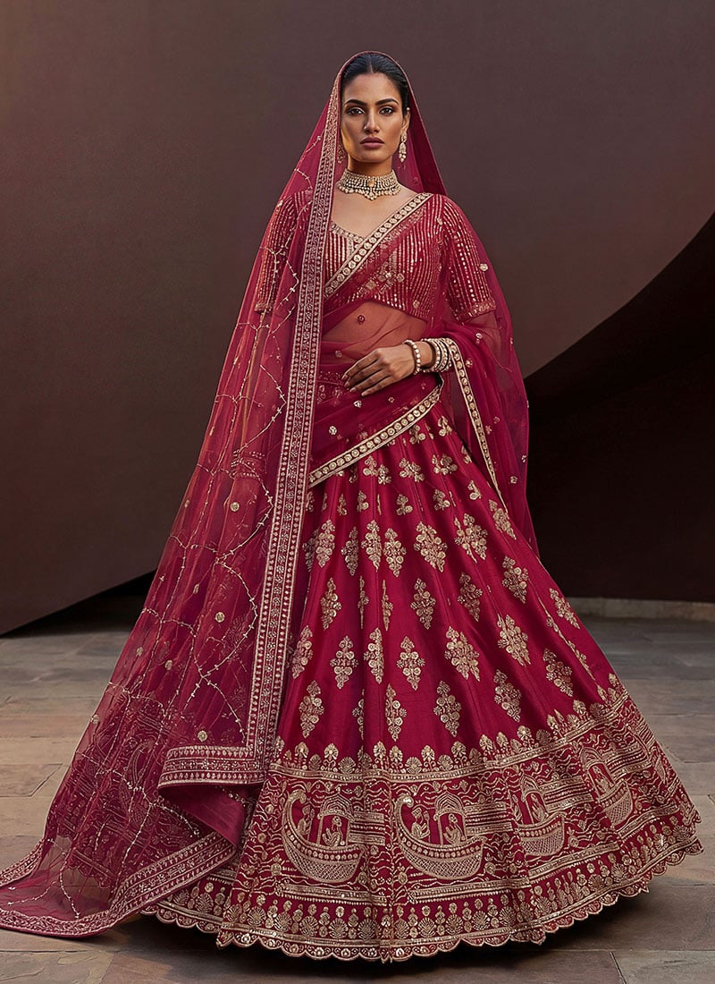 Rani Pink Silk Zari Hand Embroidered Sequins Lehenga Wedding Wear
