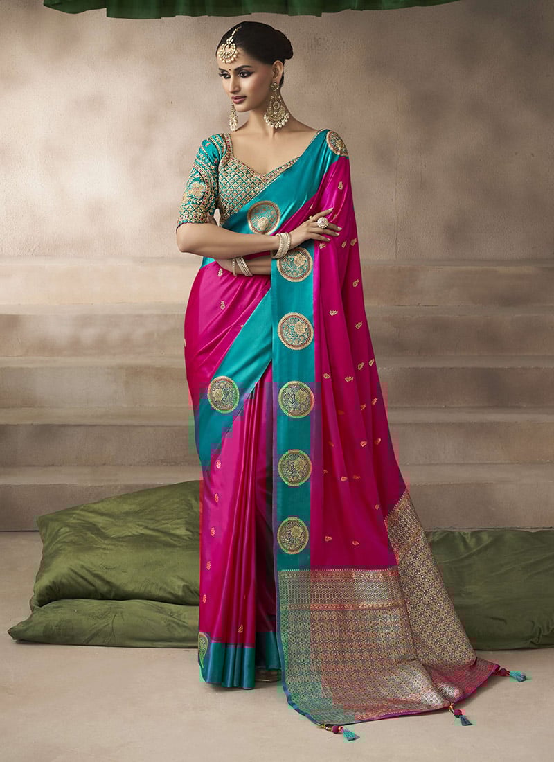 Rani Pink Silk Zari Jacquard Embroidered Sequins Saree Festive Wear