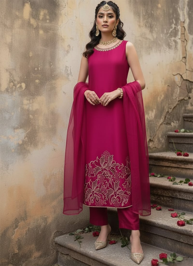 Rani Pink Silk Zari Sequin Embellished Straight Pant Suit Festive Wear