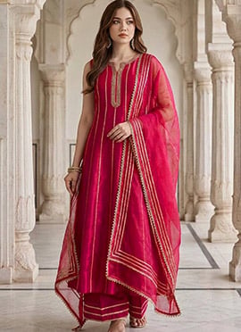 Rani Pink Silk Zari Sequins A Line Anarkali Palazzo Suit