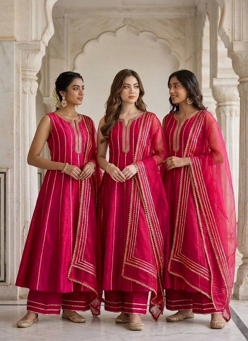 Rani Pink Silk Zari Sequins A Line Anarkali Palazzo Suit Festive Wear