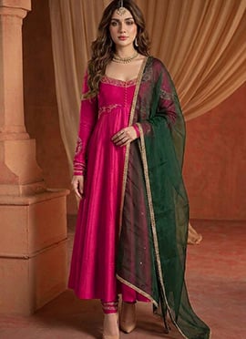 Rani Pink Silk Zari Sequins Embroidered Anarkali Suit