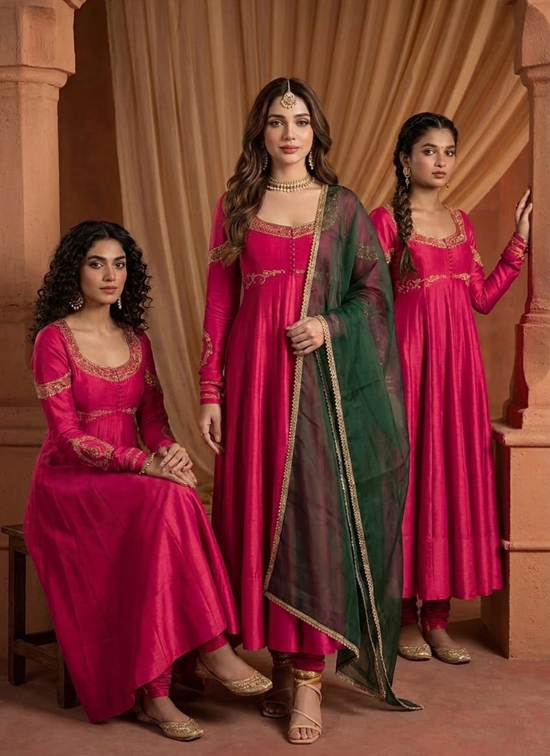 Rani Pink Silk Zari Sequins Embroidered Anarkali Suit Festive Wear