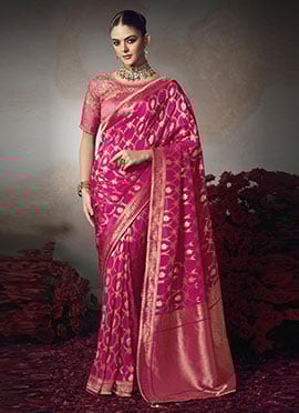Rani Pink Silk Zari Sequins Embroidered Jacquard Saree